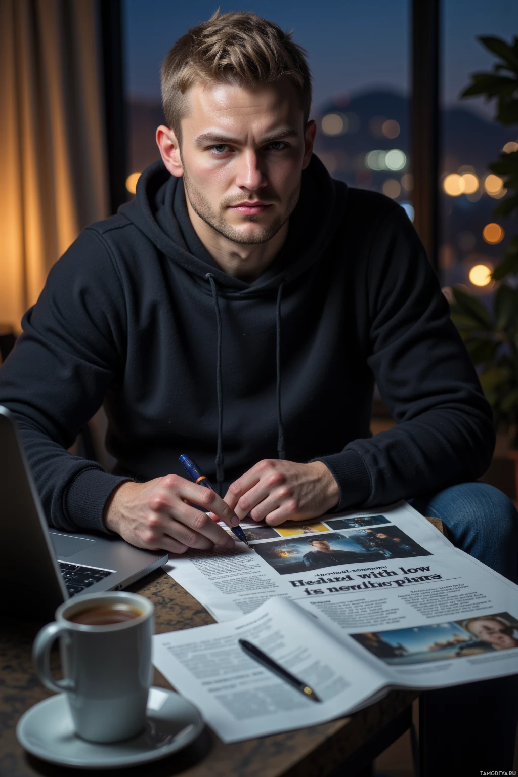Человек в толстовке сидит за столом с ноутбуком, газетой, ручкой и чашкой кофе на фоне ночного городского пейзажа.