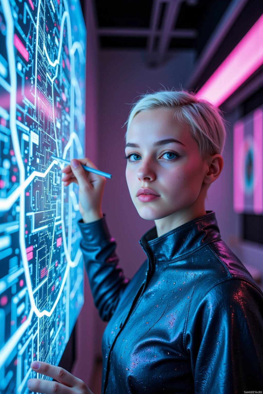 Человек в кожаной куртке держит ручку и стоит перед большой подсвеченной картой или схемой.