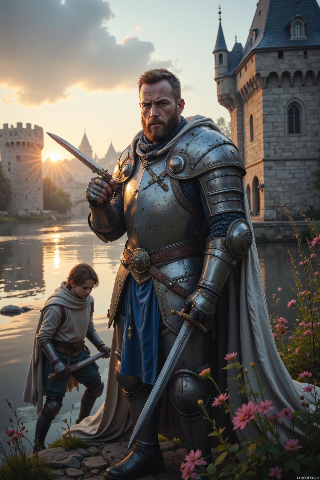 Рыцарь в доспехах стоит рядом с юной девушкой у реки, на заднем плане виднеется замок.