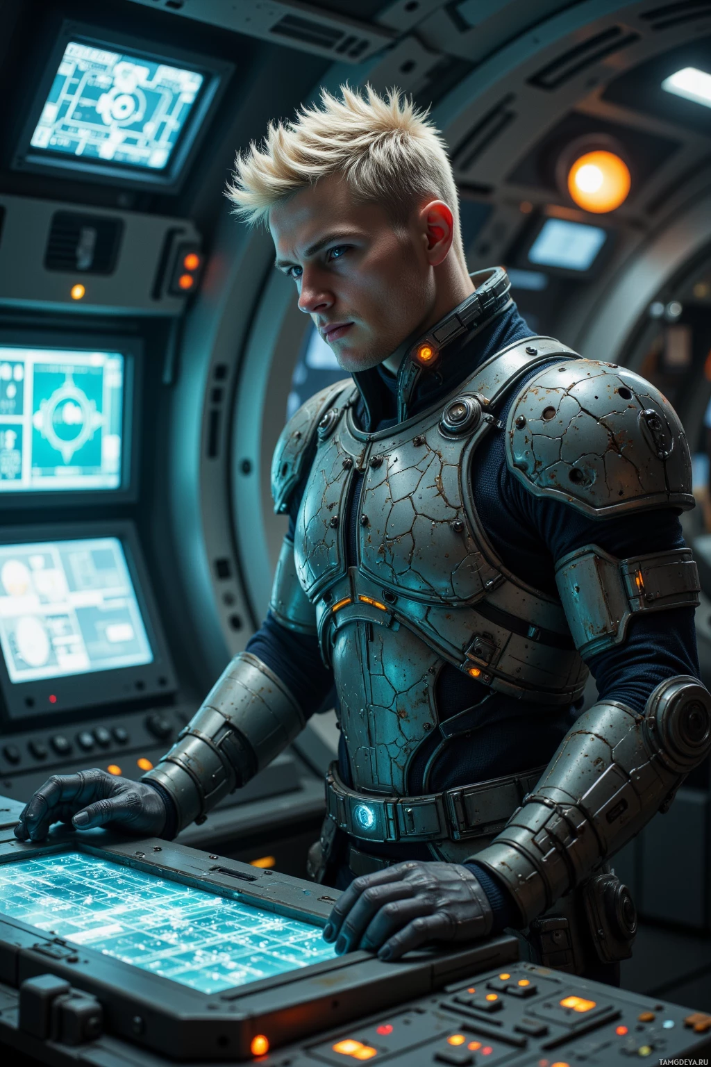 Человек в футуристических доспехах управляет высокотехнологичной панелью управления в научно-фантастическом окружении.