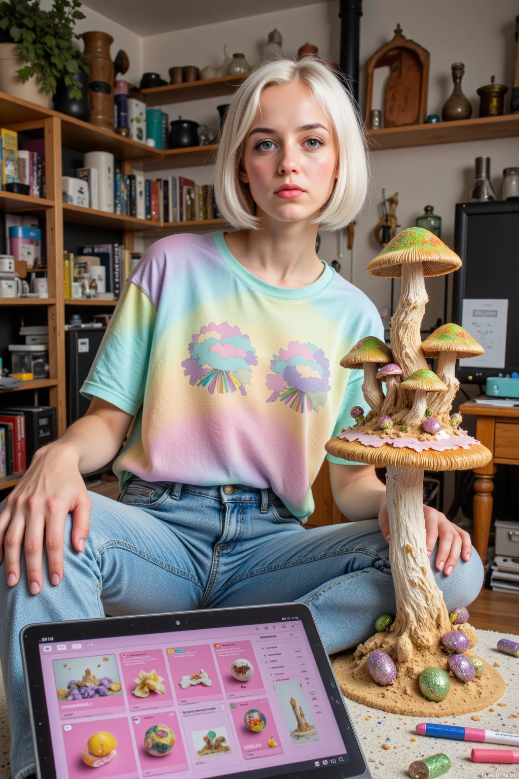 В комнате с полками сидит человек, держа в руках скульптуру гриба и ноутбук с красочными изображениями.