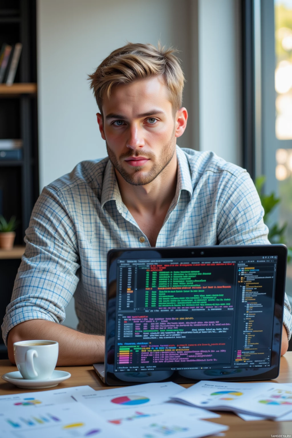 Человек сидит за столом с ноутбуком, на экране которого код, чашкой кофе и несколькими документами.