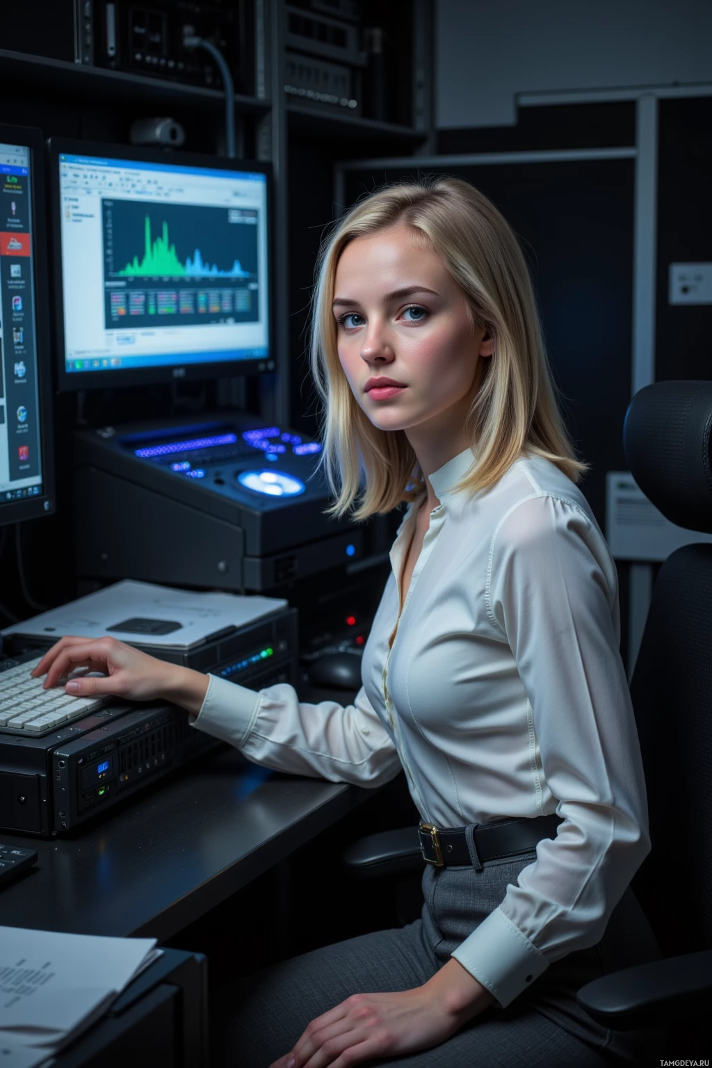 В полумраке комнаты женщина в белой рубашке сидит за столом и работает за компьютером.