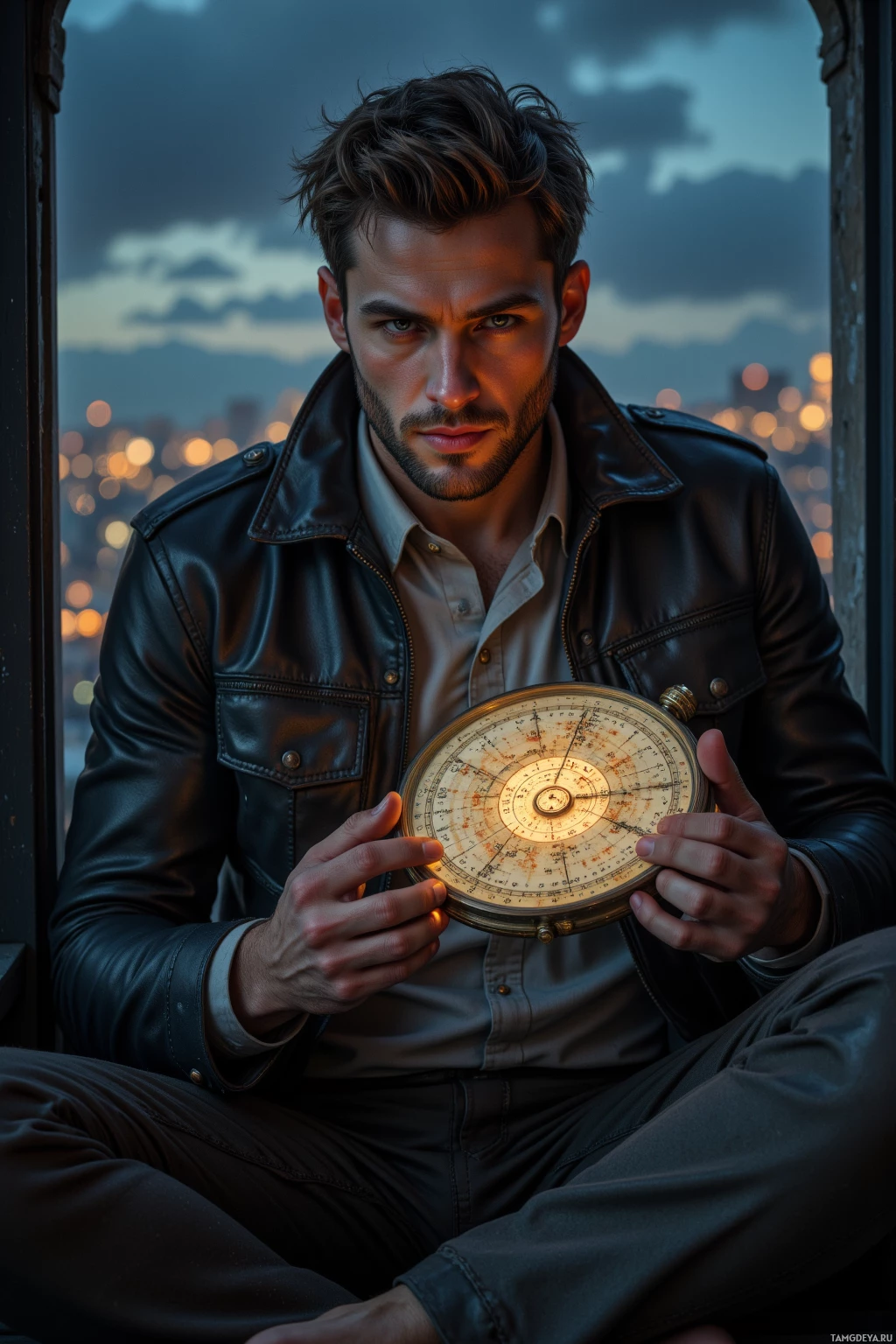 Мужчина в кожаной куртке сидит у окна, держа в руках старинный компас.