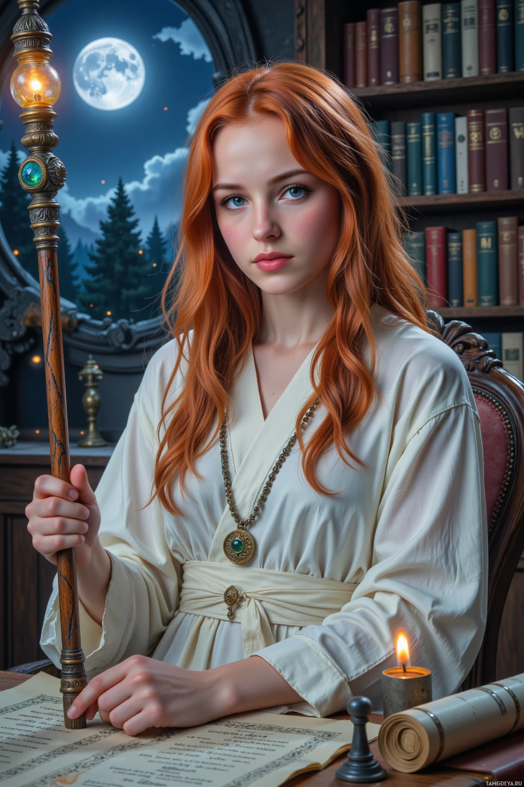 У женщины с длинными рыжими волосами на столе волшебная палочка, а перед ней – книга и горящая свеча, на фоне ночного неба с полной луной и книжными полками.