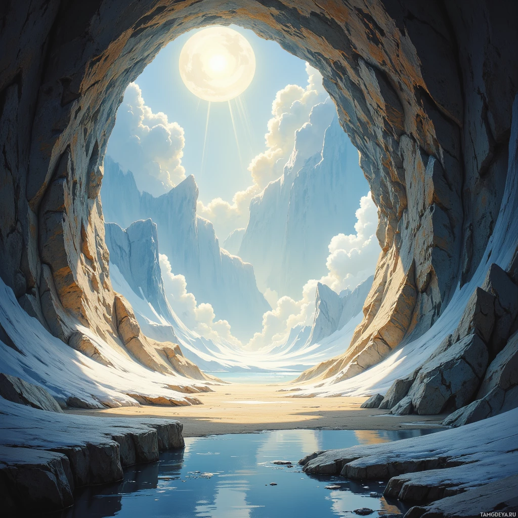 Спокойный пейзаж, где виднеется пещера, уходящая к яркому, залитому солнцем небу и вдалеке возвышающимся горам.