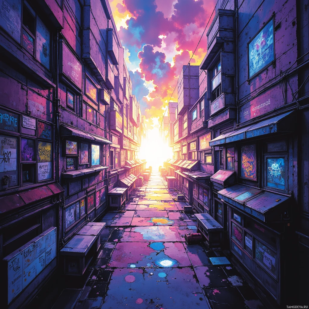 Яркий, красочный переулок с граффити и неоновыми вывесками, уводящий взгляд к светящемуся горизонту.