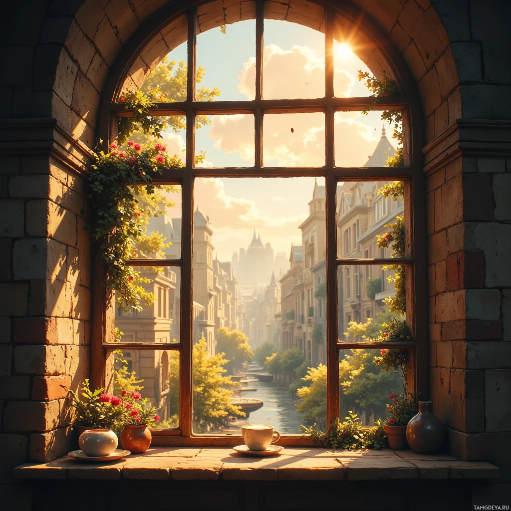 Безмятетный вид на залитый солнцем городской пейзаж, виднеющийся через арочное окно, украшенное цветами и горшками с растениями.