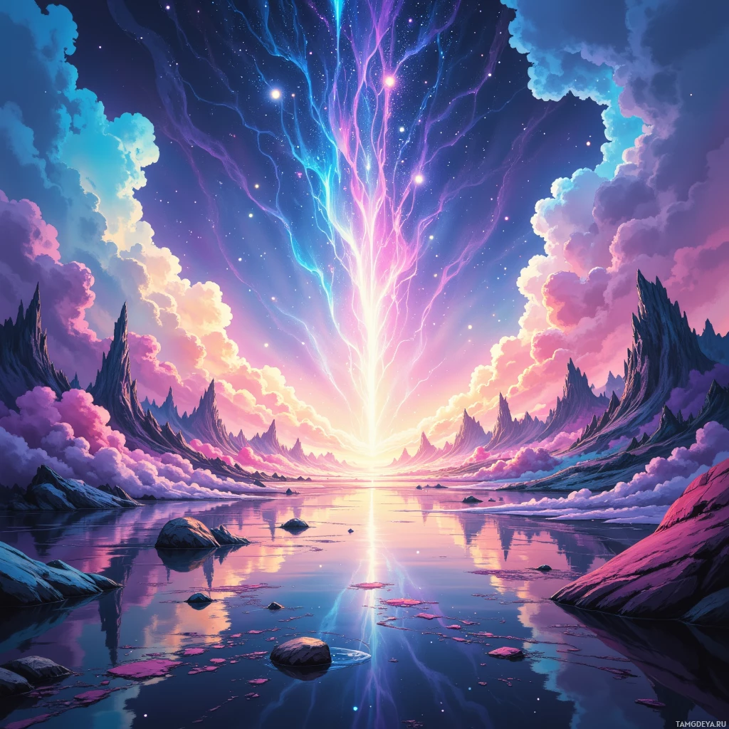 Яркий, фантастический пейзаж с сияющим источником света, разноцветными облаками и зубчатыми горами, отражающимися в спокойной водной глади.