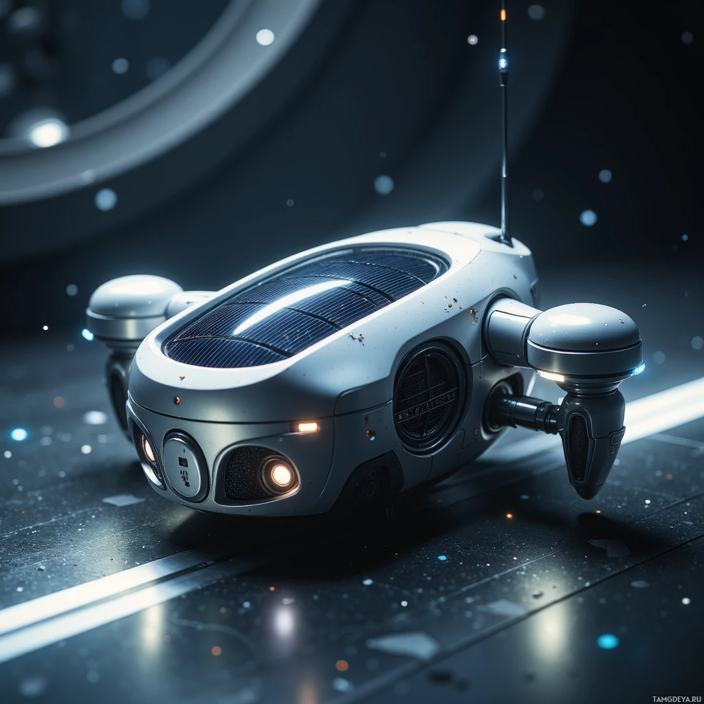 Представлен футуристичный, обтекаемый транспорт с солнечными панелями и передовыми технологиями, на фоне мрачной, научно-фантастической обстановки.
