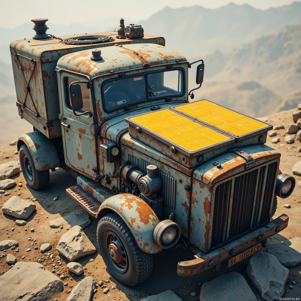 На каменистой, горной местности припаркован старый, ржавый грузовик с жёлтой крышей.