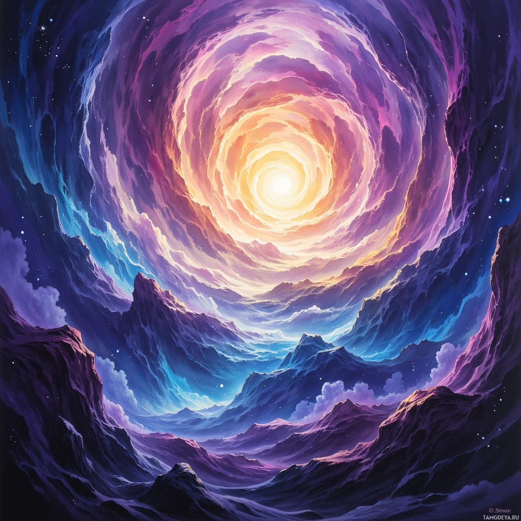 Яркая космическая сцена с закручивающейся галактикой, светящимся центром и окружающими звездными полями.