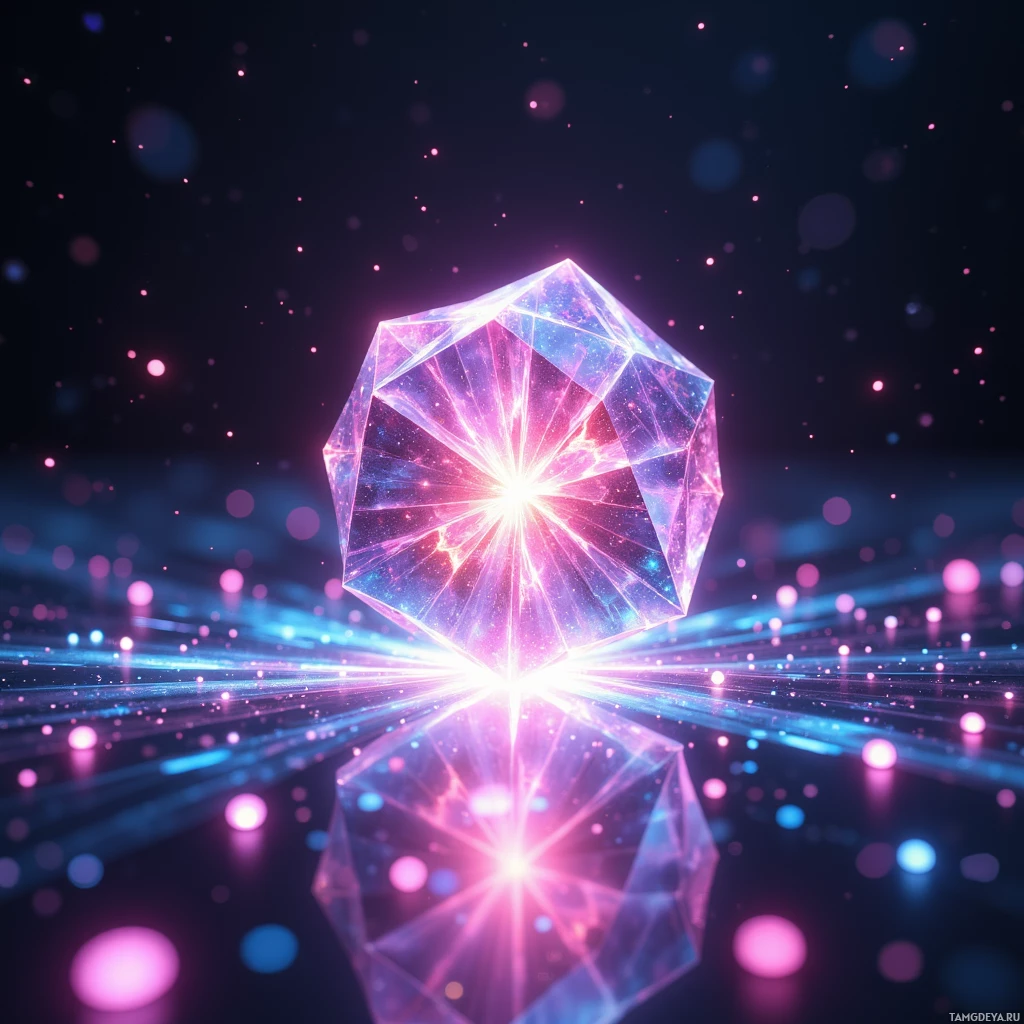 Сияющий, многогранный кристалл с лучами света и звёздным фоном.