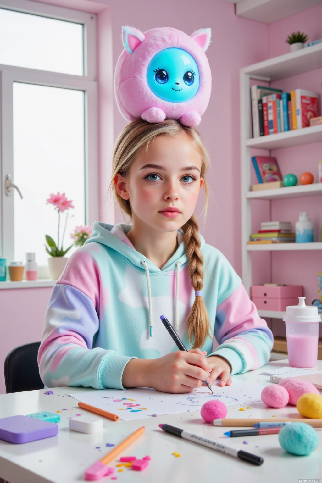 Девочка сидит за столом в розовой комнате и рисует фломастерами, на голове у неё мягкая игрушка.