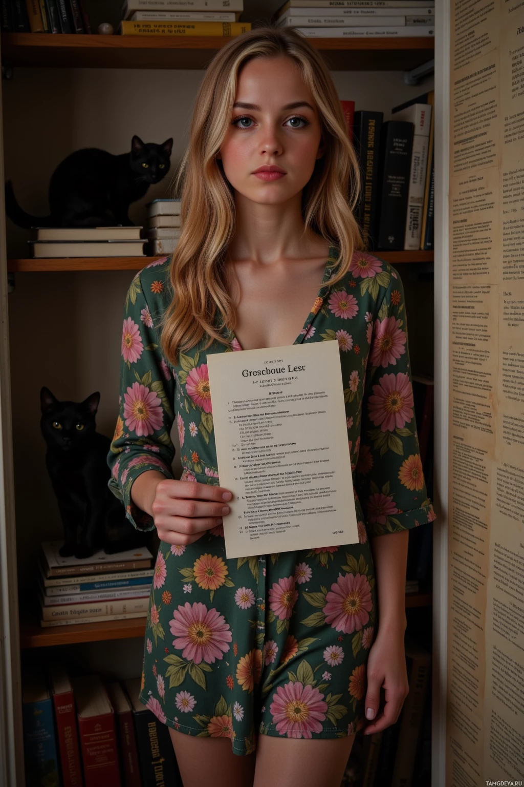 В цветочном платье женщина держит документ на фоне книжной полки с чёрным котом.