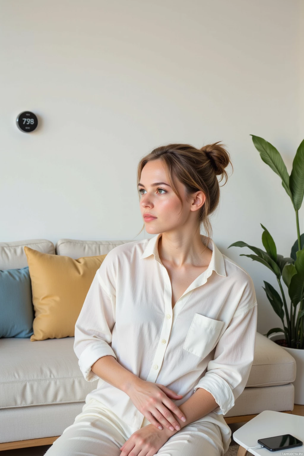 Женщина в белой рубашке сидит на полу перед диваном, глядя в сторону.