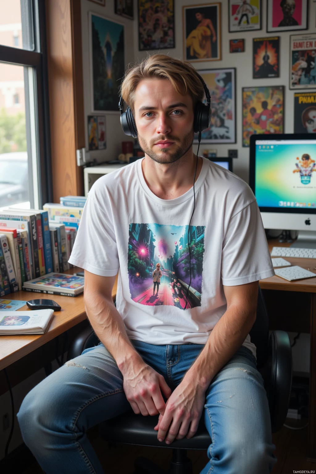 Человек в наушниках и футболке с принтом сидит за столом в комнате, украшенной плакатами.