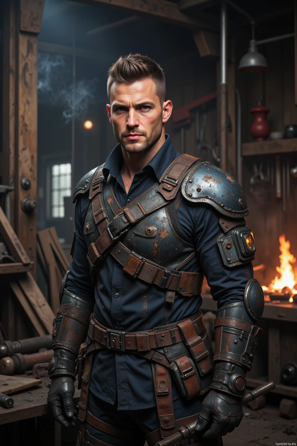 Мужчина в потрепанной бронированной экипировке стоит на полумраке мастерской, на заднем плане горит огонь.