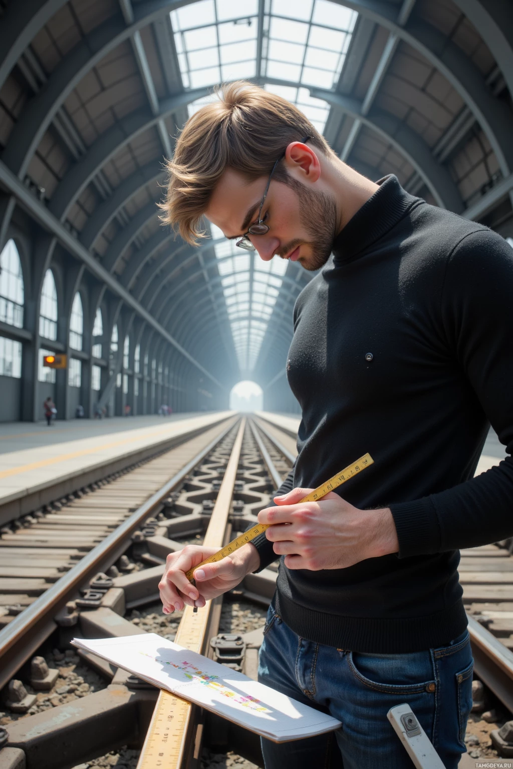 Мужчина стоит на железнодорожных путях, держа в руках рулетку и блокнот.