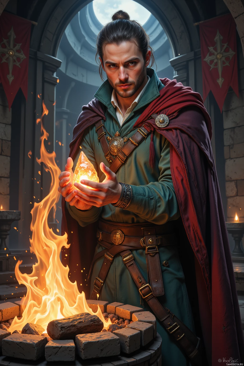 Мужчина в средневековой одежде держит светящийся кристалл возле костра.