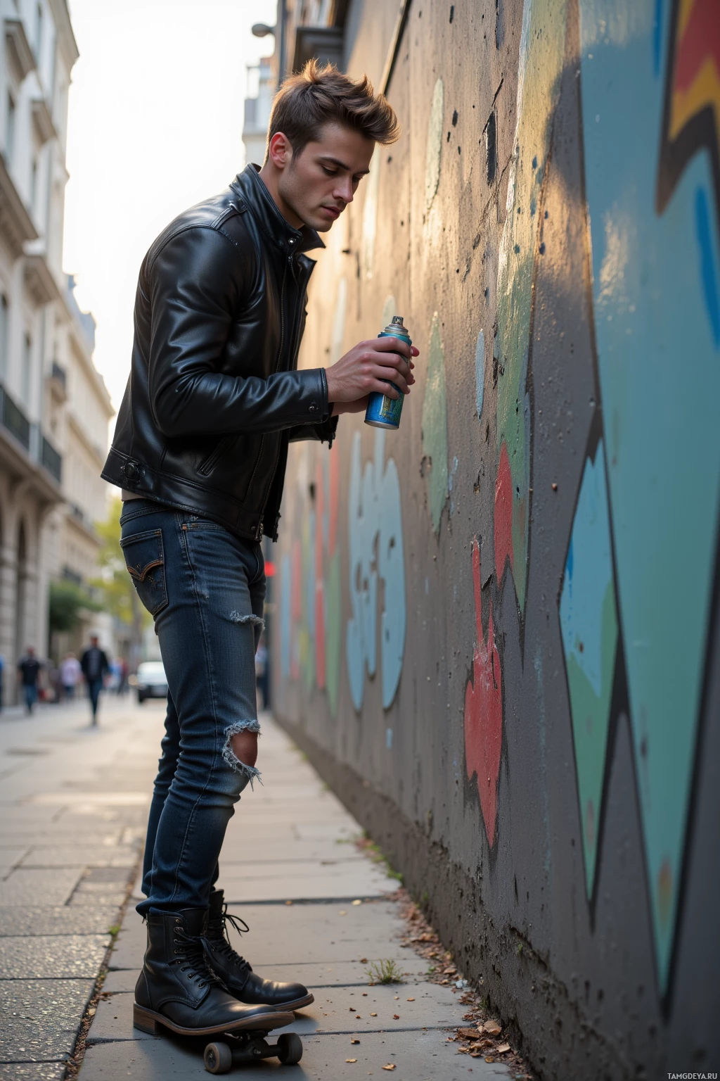 Парень в кожаной куртке и джинсах стоит на скейтборде возле стены, покрытой граффити.