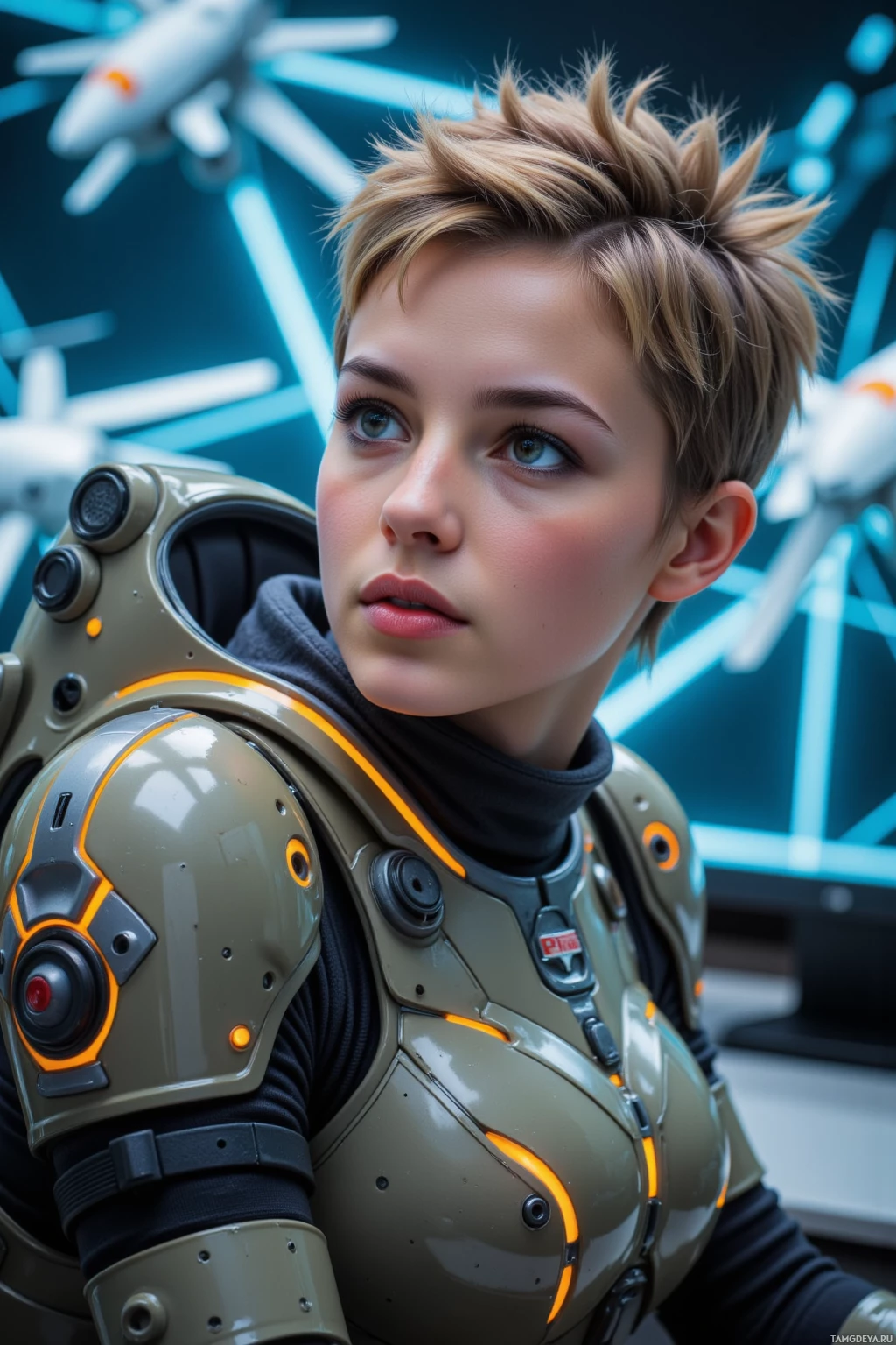 Человек в футуристических доспехах со светящимися элементами стоит в высокотехнологичной обстановке.