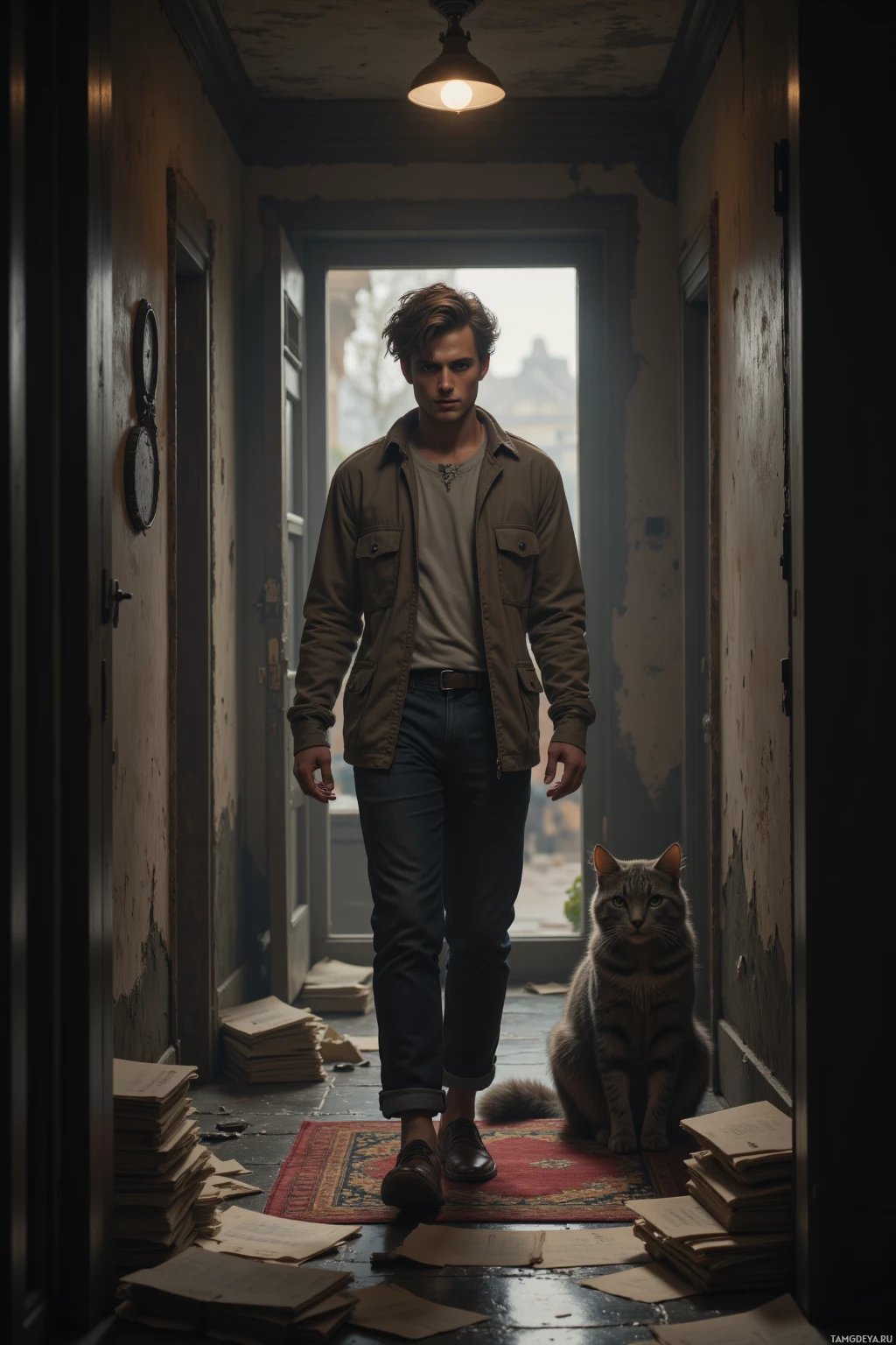 Мужчина идёт по слабо освещённому коридору, а на полу сидит кошка.