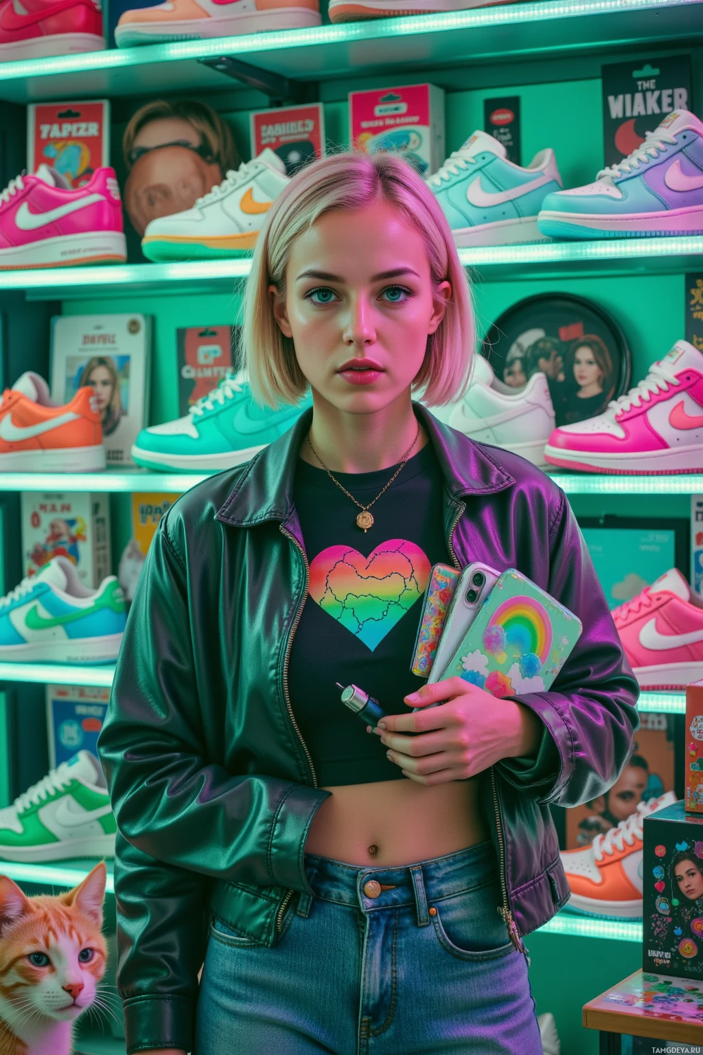 Человек стоит перед витриной с разноцветными кроссовками, держа в руках чехол для телефона с радужным принтом.