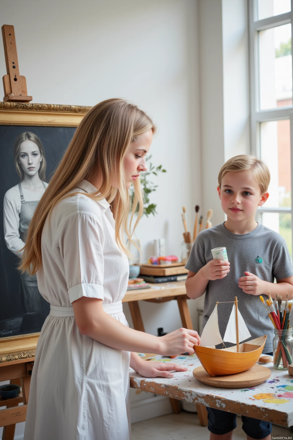 В светлой комнате женщина и маленький мальчик вместе мастерят деревянную модель лодки.