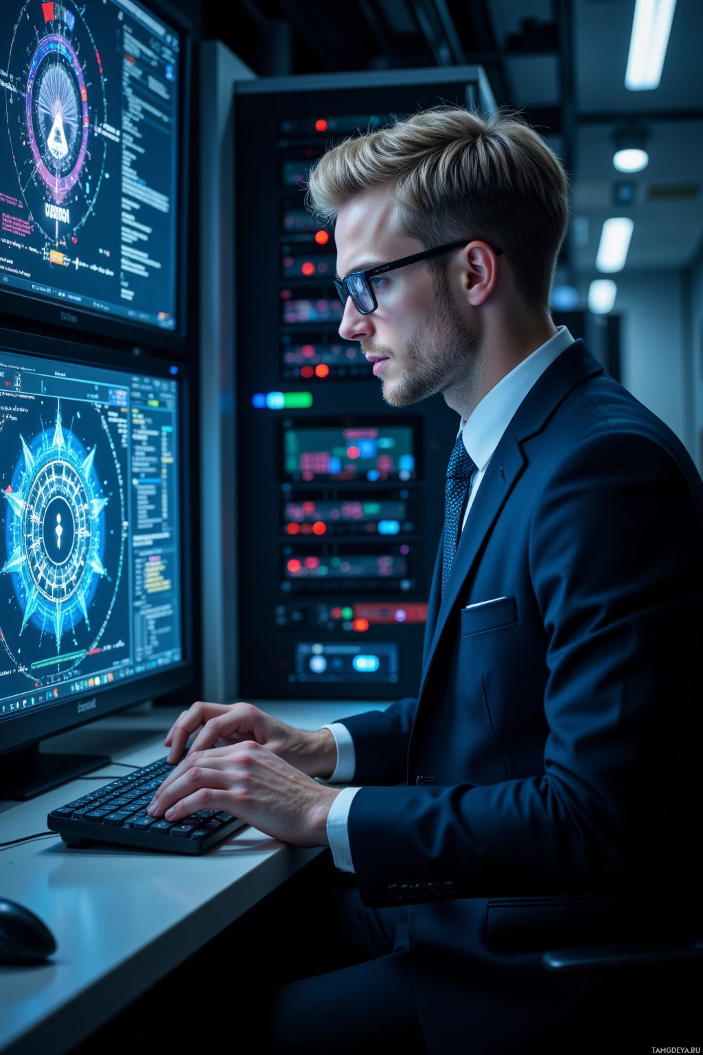 Мужчина в костюме работает за компьютером в полумраке комнаты, на нескольких мониторах отображаются сложные данные.