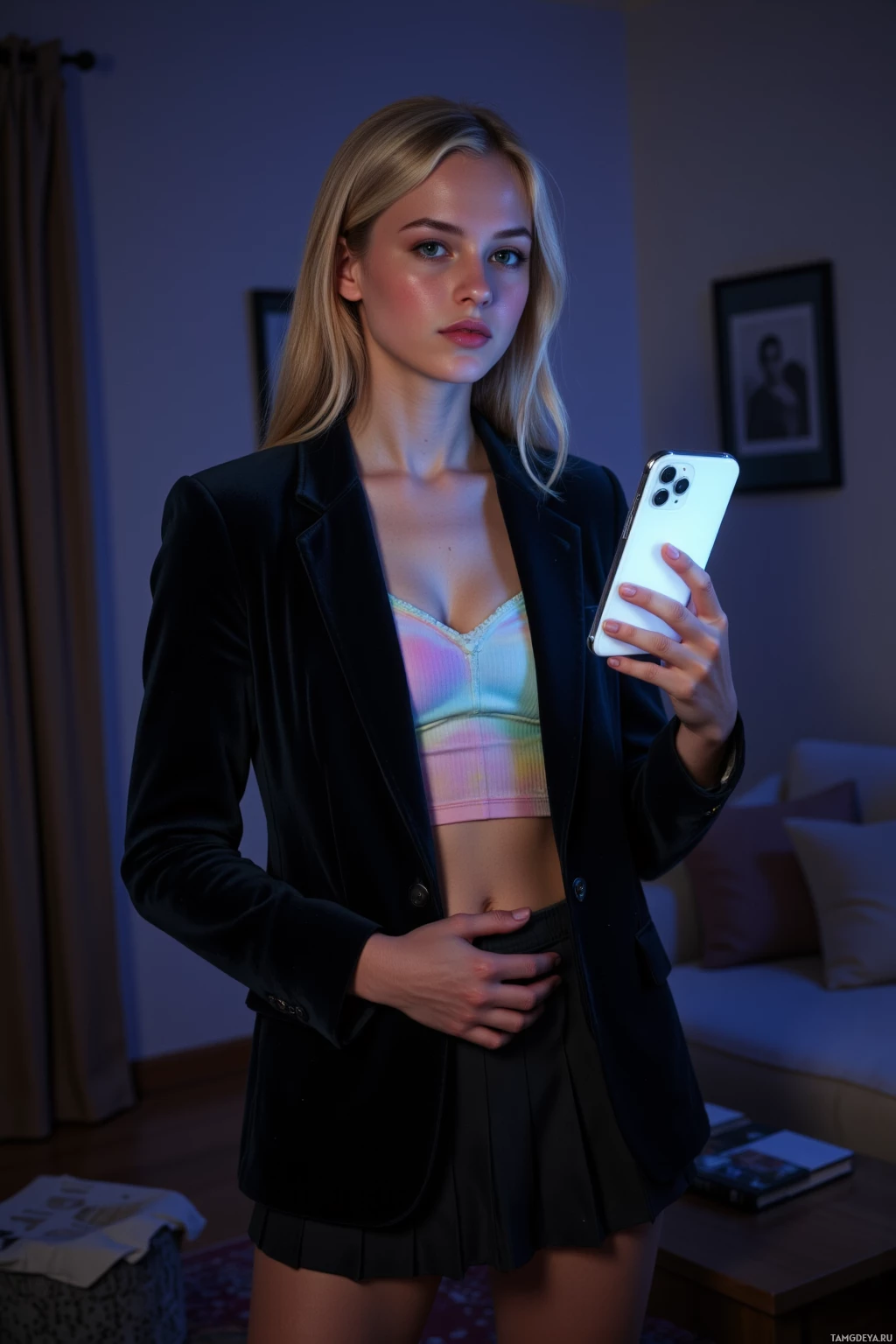 В полумраке комнаты человек в черном пиджаке и ярком топе бюстгальтера держит в руках смартфон.