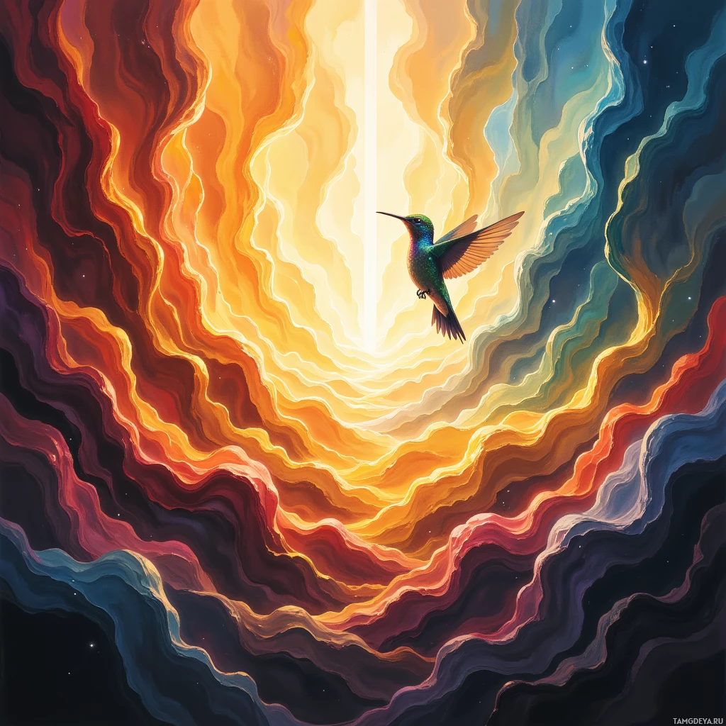 Яркая абстрактная картина, изображающая колибри в полете на фоне сияющего, вихревого фона из теплых и холодных оттенков.