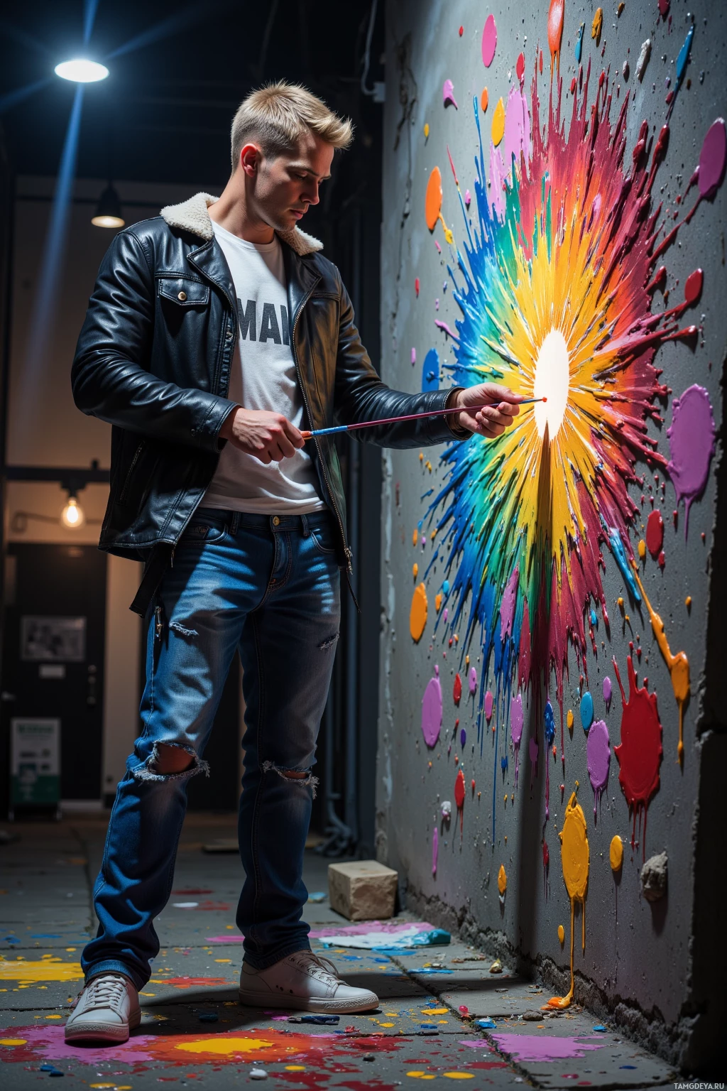 Человек в кожаной куртке и джинсах рисует яркий взрыв на стене.