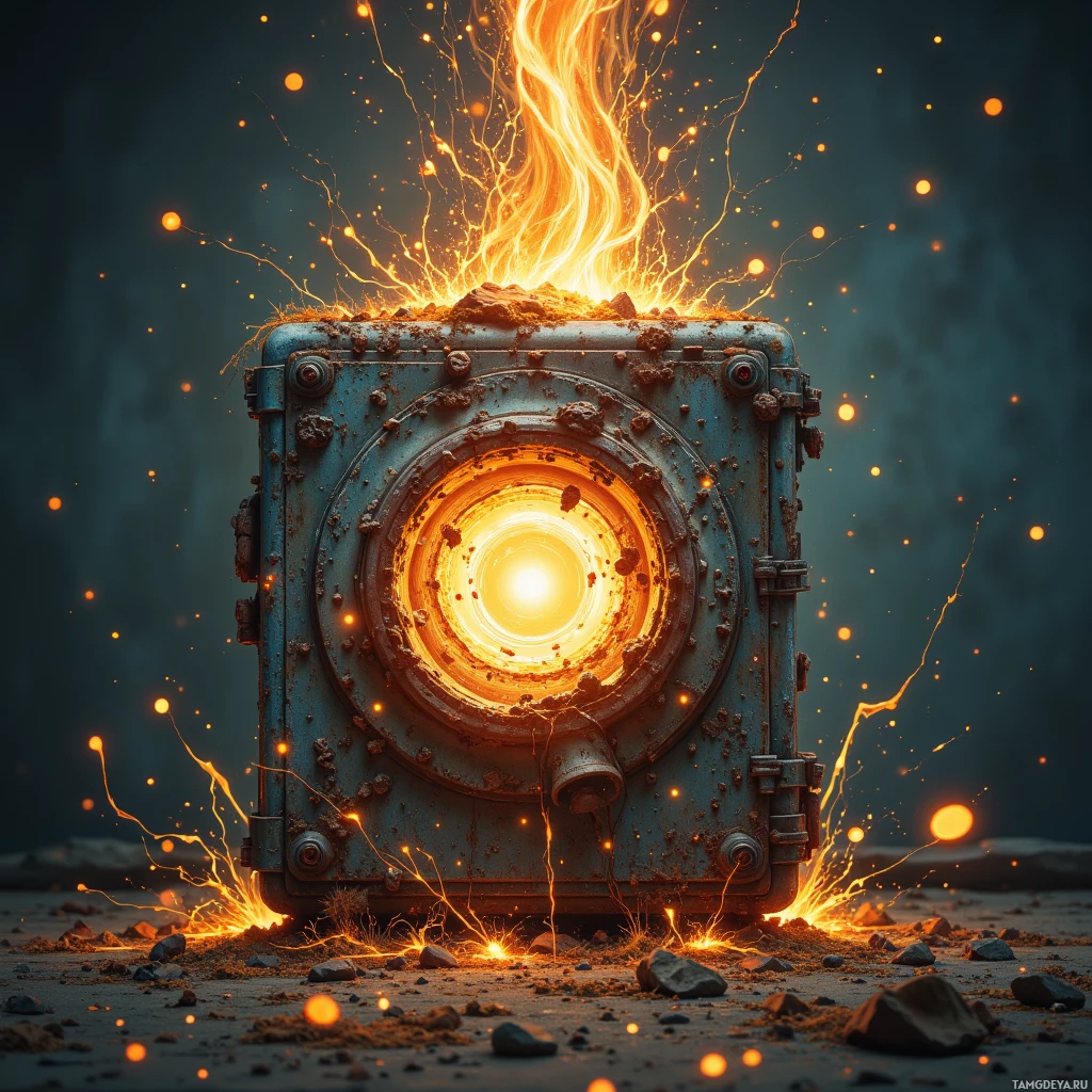 Светящийся, пылающий объект, похожий на металлический ящик или дверь сейфа, испускает яркие искры и свет на фоне тёмных скал.