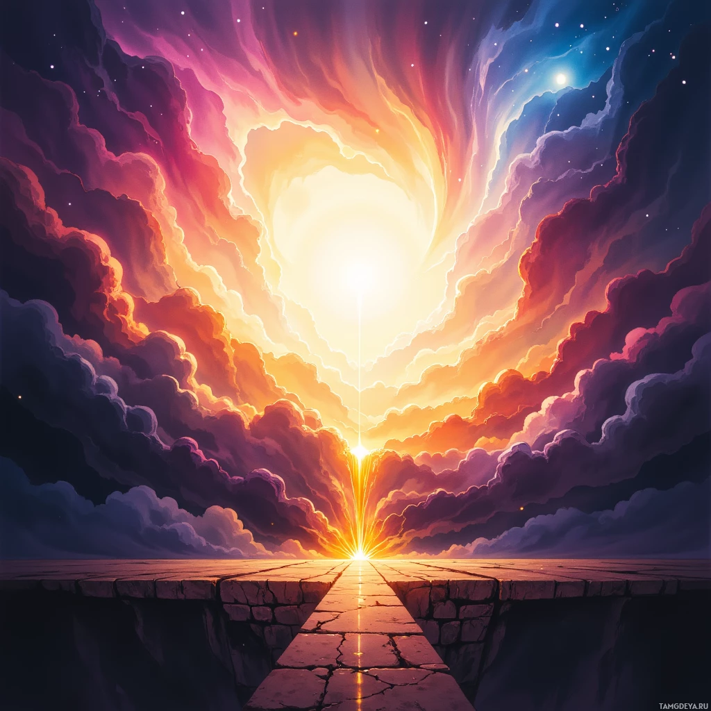 Яркое небо с сияющим солнцем и каменная тропинка, уходящая к нему.