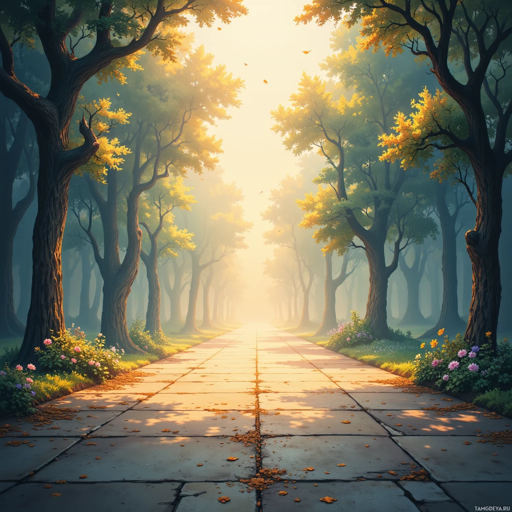Безмятежная лесная тропинка, обрамлённая высокими деревьями и цветущими растениями, залитая золотистым солнечным светом.