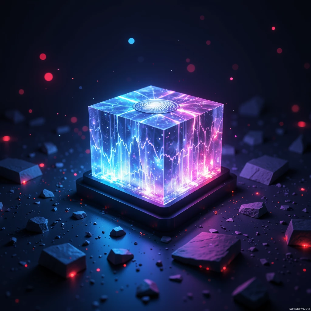 Светящийся неоновый куб покоится на тёмной поверхности, окружённый мелкими камнями и красными частицами.