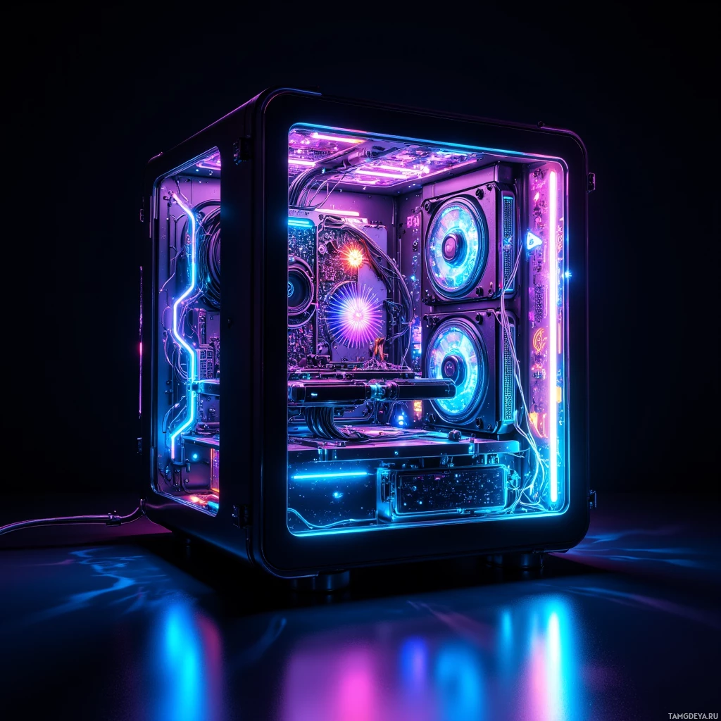 Светящийся компьютерный корпус, подсвеченный неоном, с замысловатыми внутренними компонентами и яркой подсветкой.