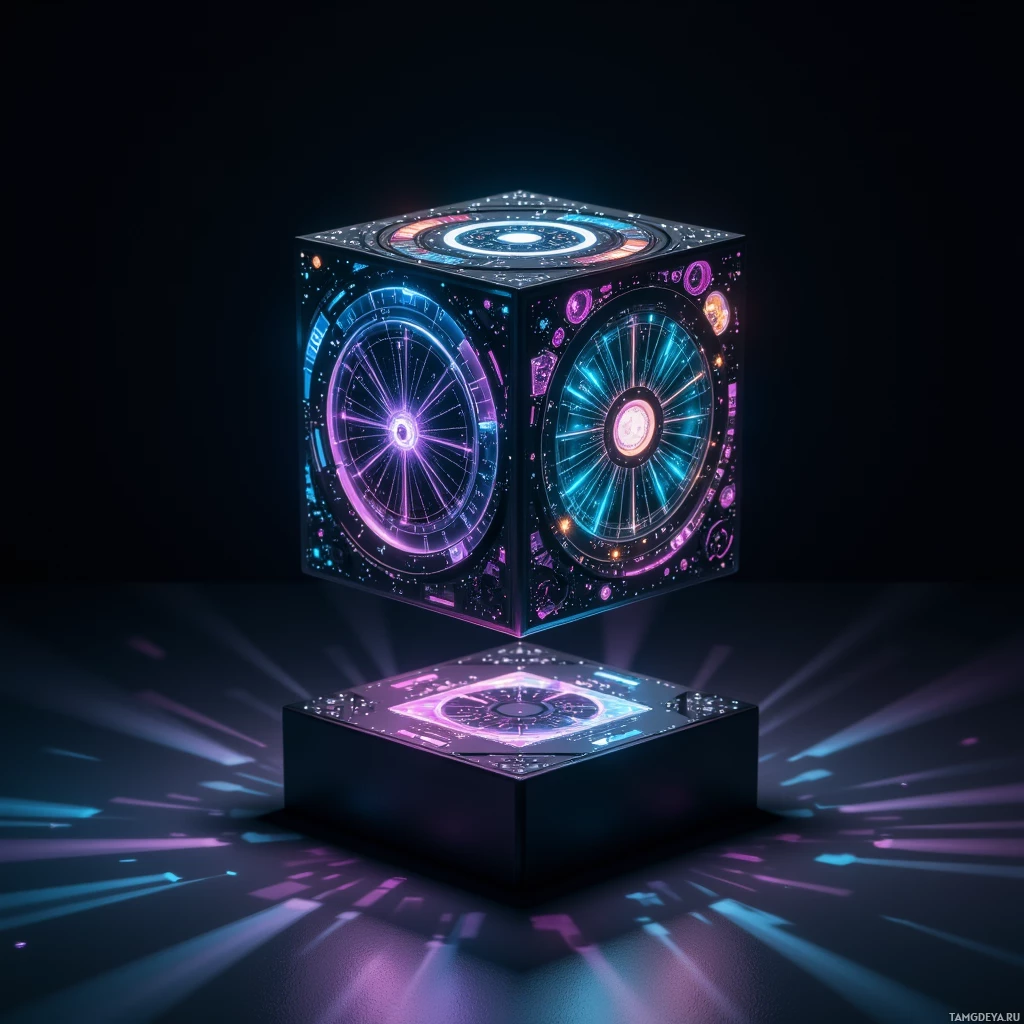 Светящийся, футуристичный куб с замысловатыми узорами и яркими цветами.