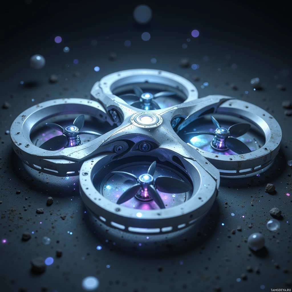 Изображен футуристический металлический дрон с голубыми светящимися огнями и пропеллерами на фоне темного, усыпанного звездами пространства.