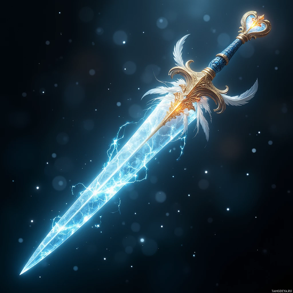 Сияющий, богато украшенный меч с голубой и золотой рукоятью и лезвием, напоминающим молнию.
