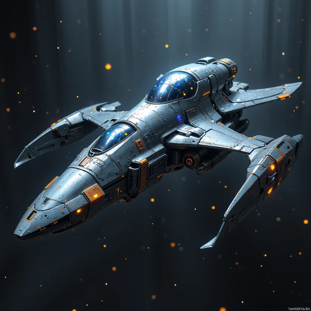 Изящный, футуристический космический корабль с мерцающими огнями на темном фоне.