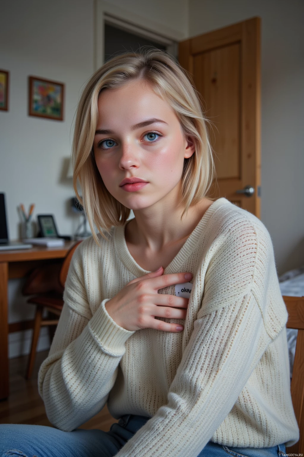 Человек с светлыми волосами в кремовом свитере сидит в комнате с деревянной дверью и картинами в рамках на стене.