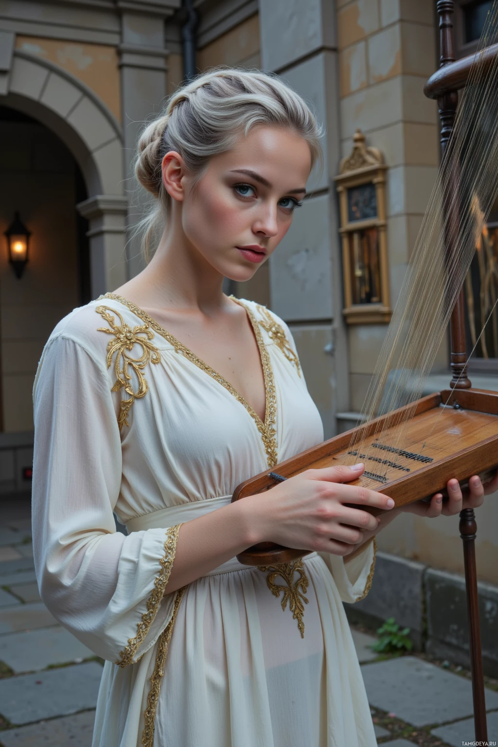 В белом и золотом платье женщина держит арфу на фоне здания.
