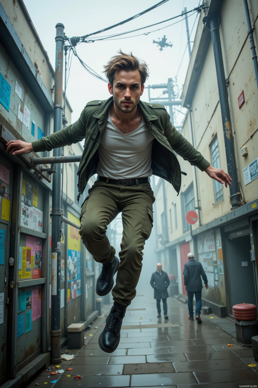 Мужчина в зеленой куртке и хаки запечатлен в прыжке в переулке.