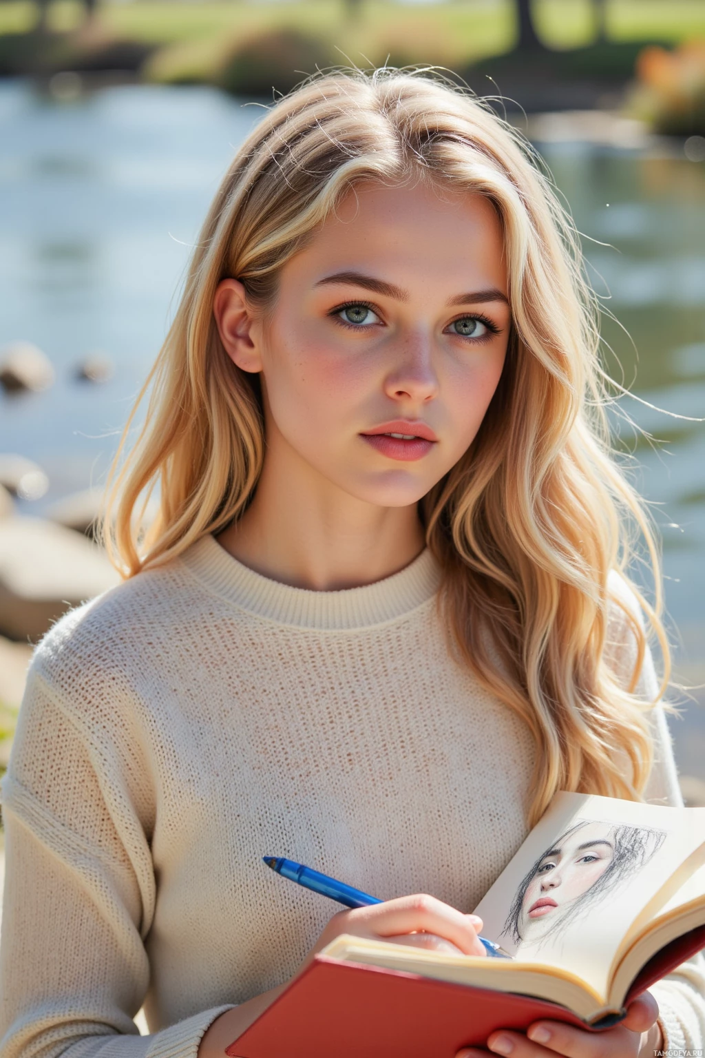 У девушки с длинными светлыми волосами, одетой в бежевый свитер, в руках альбом для рисования и синяя ручка.