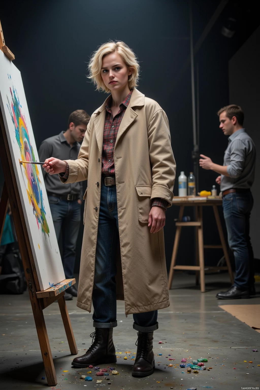 Человек в плаще стоит перед мольбертом с красочной картиной, на заднем плане видны ещё двое.