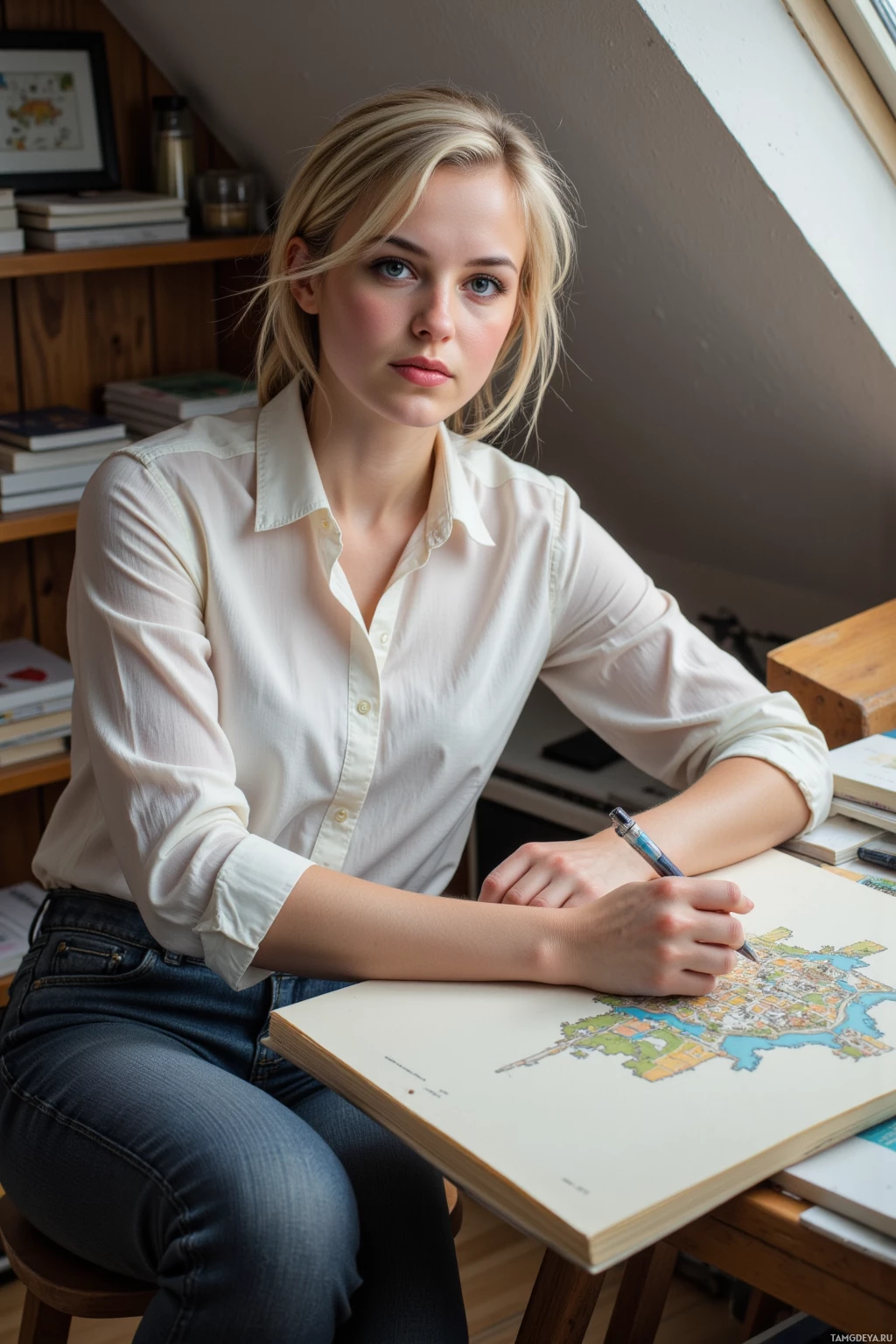 Человек в белой рубашке сидит за столом и что-то рисует на карте.