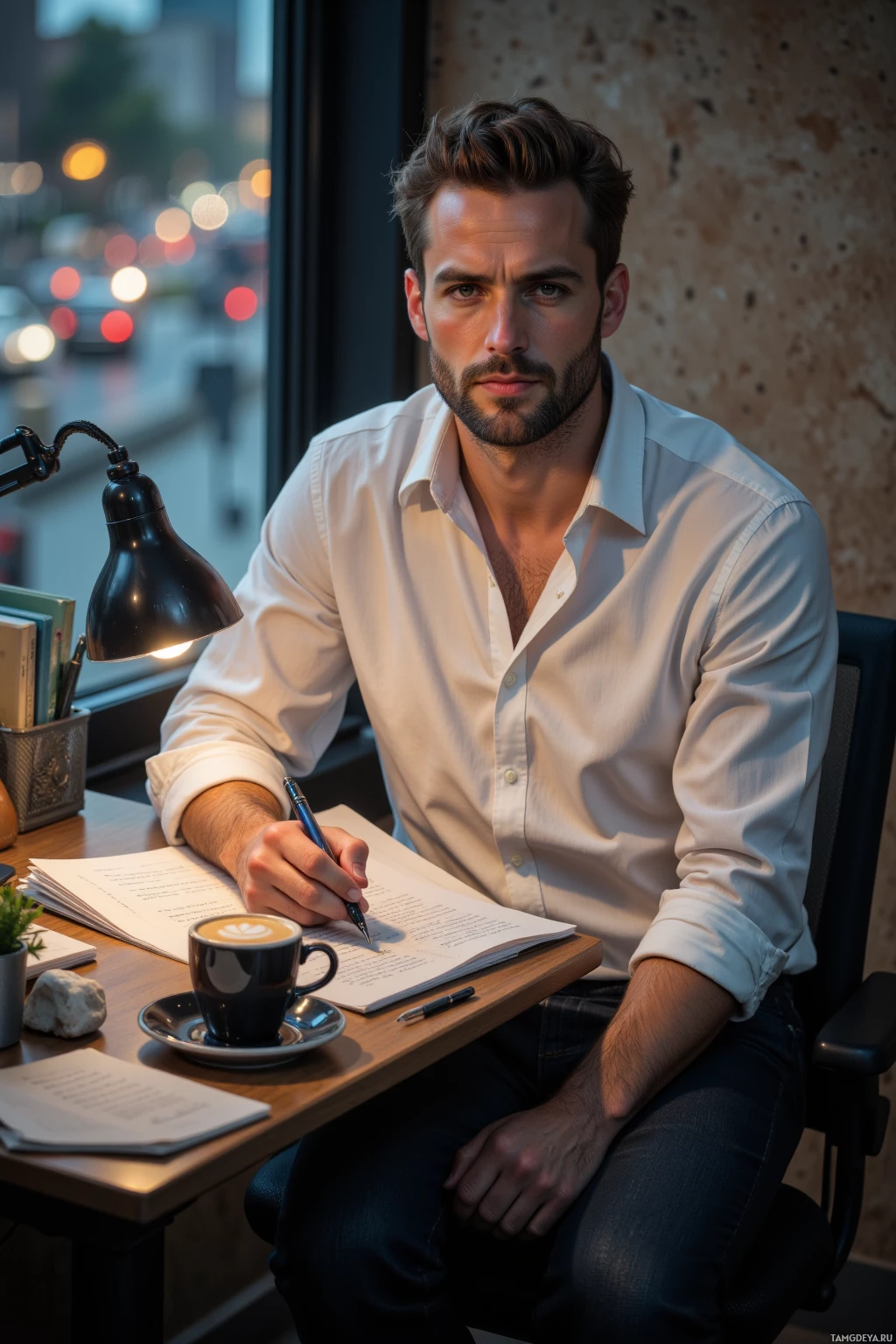 Мужчина в белой рубашке сидит за столом и пишет ручкой в блокноте, рядом с чашкой кофе.