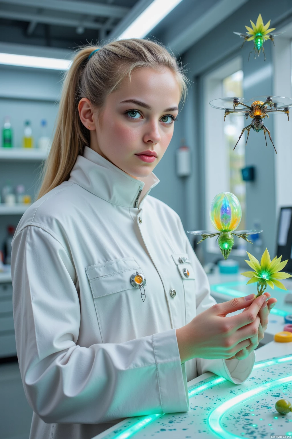 Человек в белом халате держит светящегося, футуристического вида насекомого в лабораторных условиях.